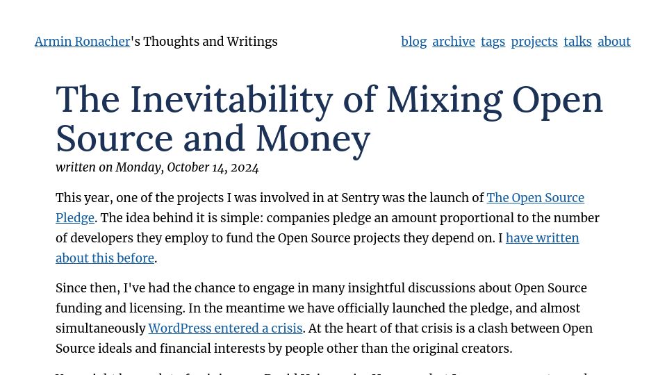Screenshot of lucumr.pocoo.org: The Inevitability of Mixing Open Source and Money