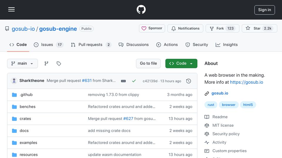 Screenshot of github.com: Gosub – An open-source browser engine