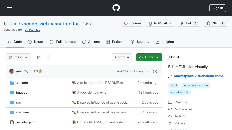 Screenshot of github.com: Show HN: A VSCode Extension to edit HTML visually in real-time
