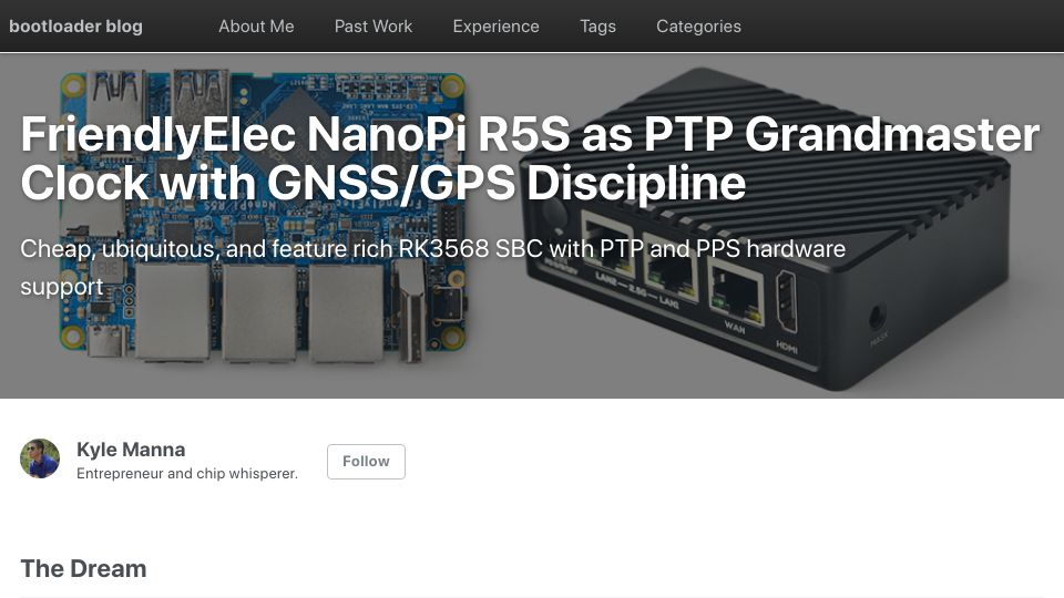 Screenshot of blog.kylemanna.com: FriendlyElec NanoPi R5S as PTP Grandmaster Clock with GNSS/GPS Discipline (2022)