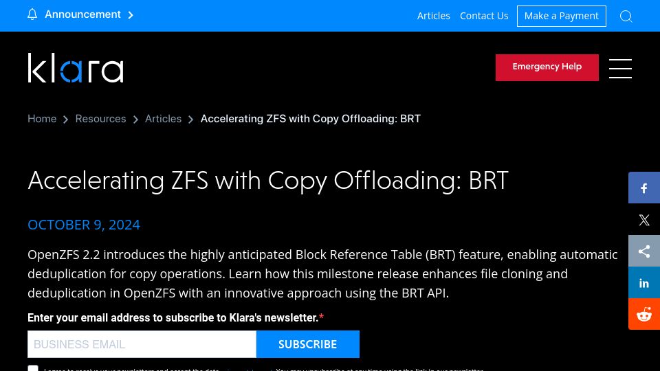 Screenshot of klarasystems.com: Accelerating ZFS with Copy Offloading: BRT