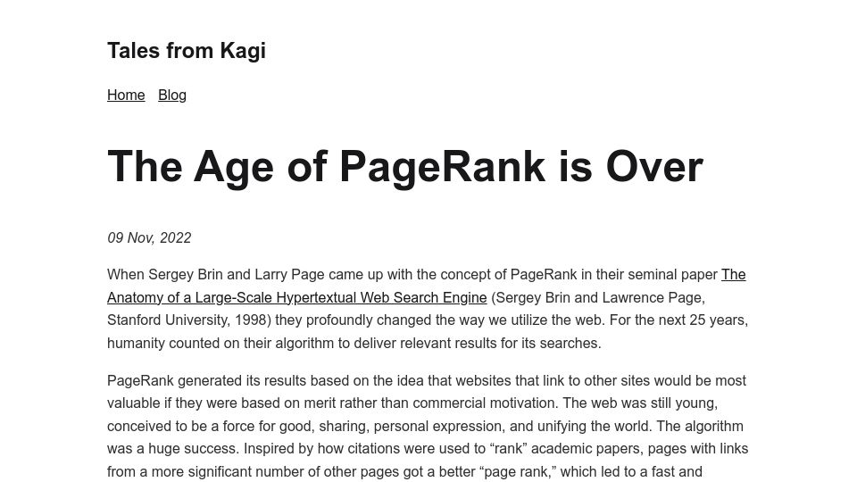 Screenshot of blog.kagi.com: The Age of PageRank Is Over (2022)