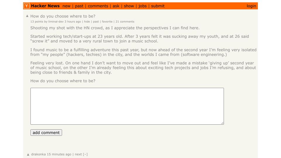 Screenshot of Hacker News post: How do you choose where to be?