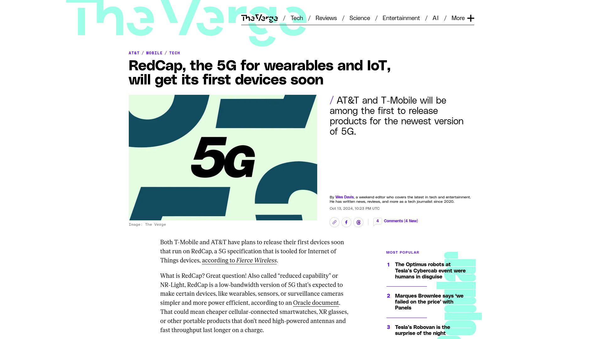 Screenshot of theverge.com: RedCap, the 5G for IoT, will get its first devices soon
