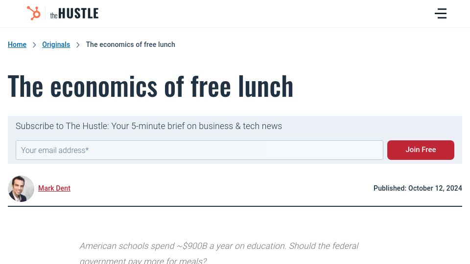 Screenshot of thehustle.co: The Economics of Free Lunch