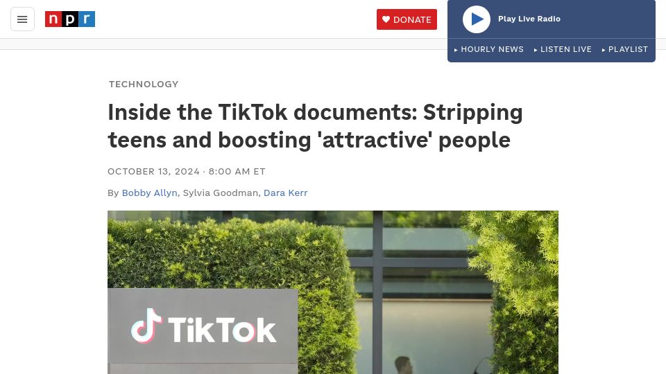 Screenshot of npr.org: The TikTok documents: Stripping teens and boosting 'attractive' people