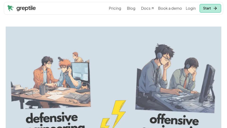 Screenshot of greptile.com: Splitting engineering teams into defense and offense