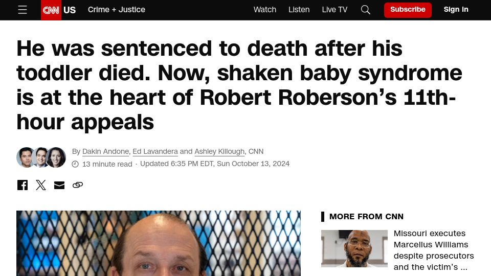 Screenshot of cnn.com: He was sentenced to death. Shaken baby syndrome is at the heart of his appeals