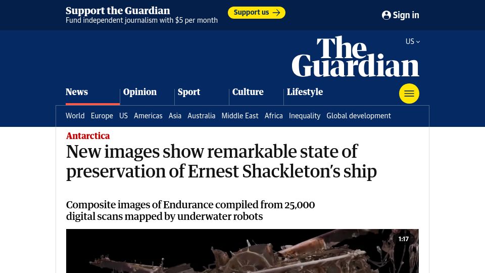 Screenshot of theguardian.com: New images show state of preservation of Ernest Shackleton's ship