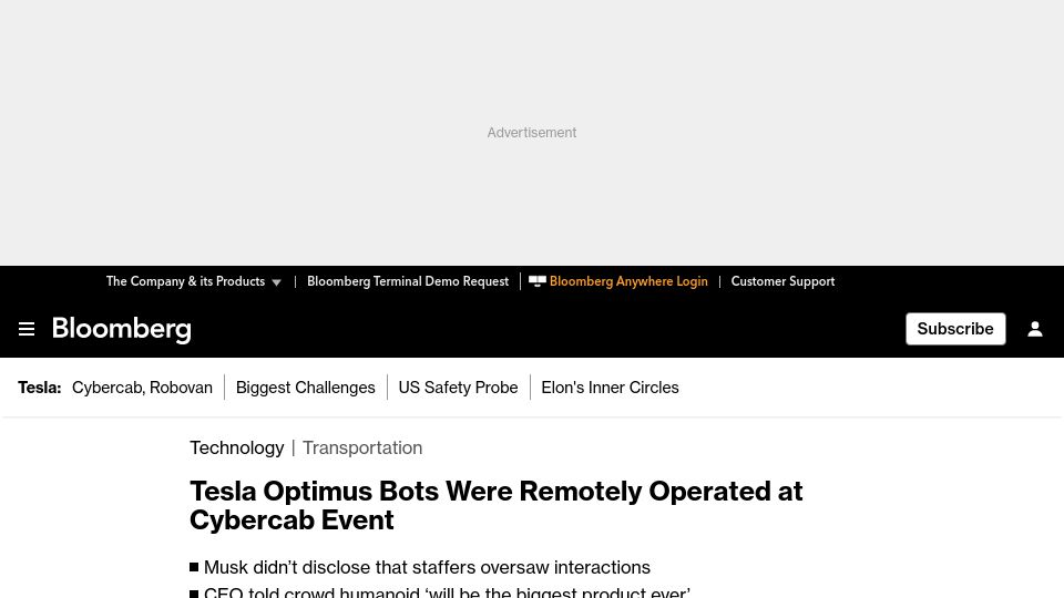 Screenshot of bloomberg.com: Tesla Optimus Bots Were Remotely Operated at Cybercab Event
