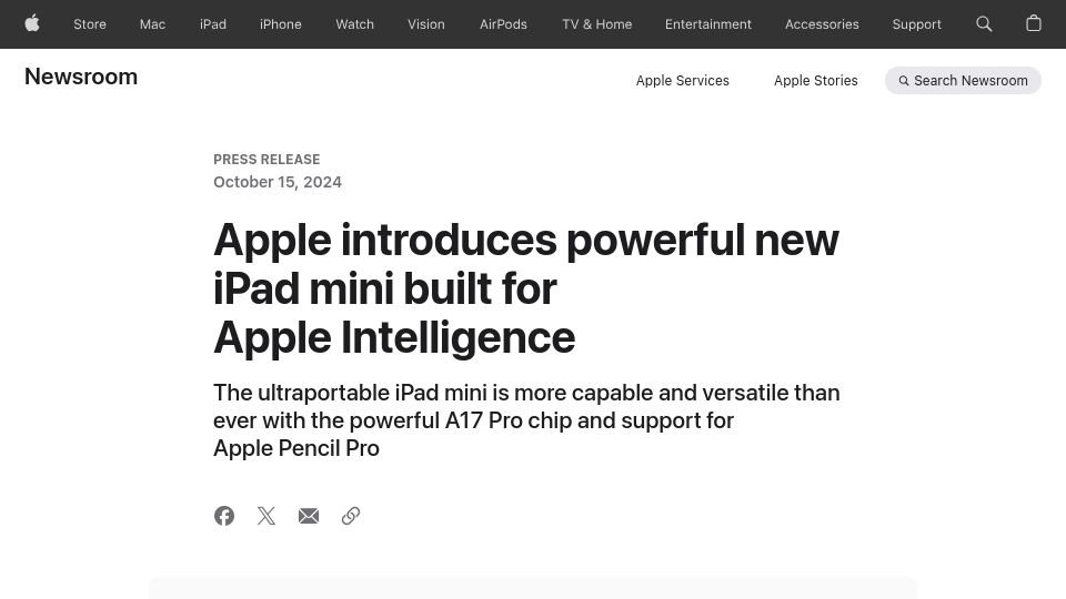 Screenshot of apple.com: Apple introduces new iPad mini built for Apple Intelligence