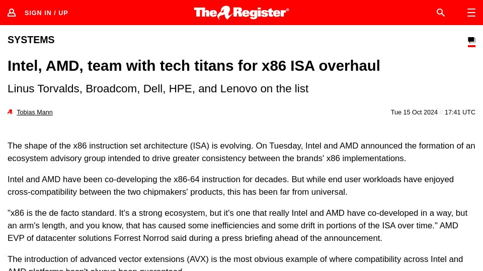 Screenshot of theregister.com: Intel and AMD form advisory group to reshape x86 ISA