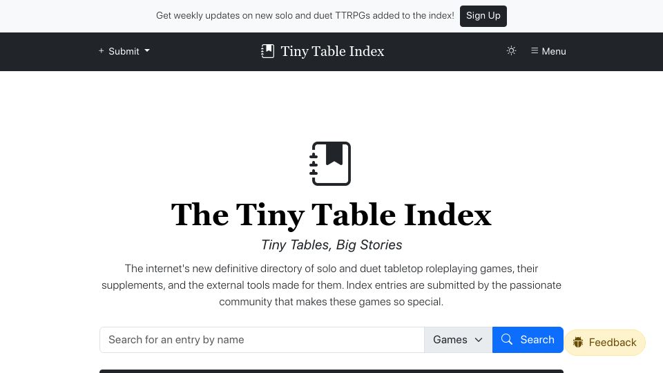 Screenshot of tinytableindex.com: Tiny Table Index: directory of solo and duet tabletop roleplaying games