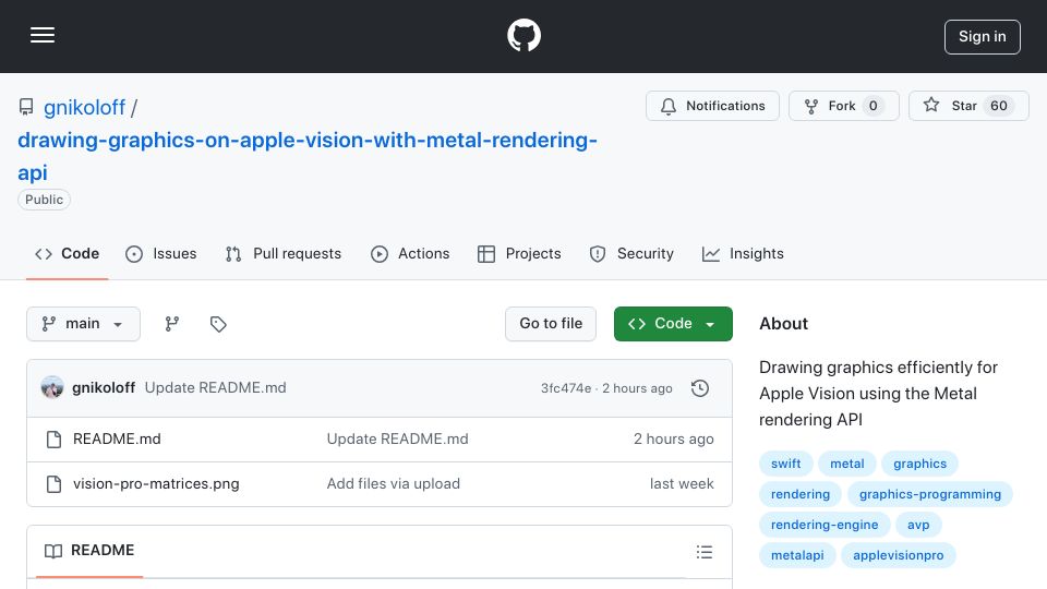 Screenshot of github.com: Drawing Graphics on Apple Vision with the Metal Rendering API