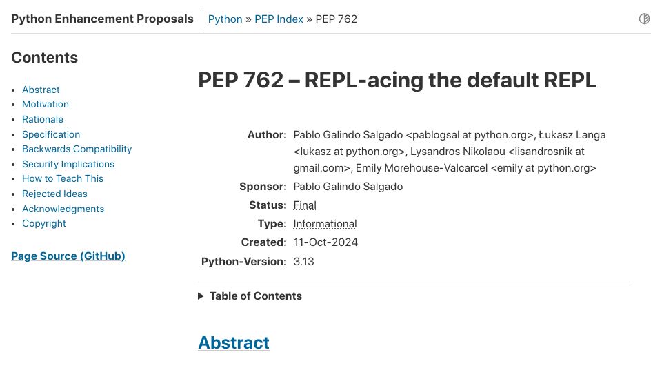Screenshot of peps.python.org: PEP 762 – REPL-acing the default REPL