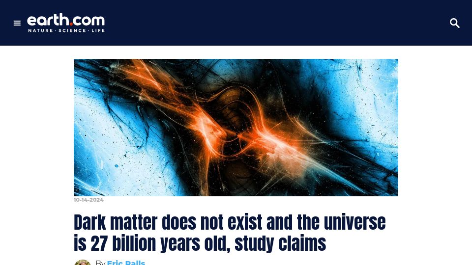 Screenshot of earth.com: Study: Dark matter doesn't exist, the universe is 27B years old