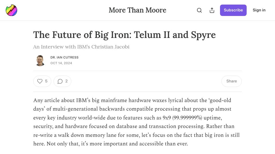 Screenshot of morethanmoore.substack.com: The Future of Big Iron: An Interview with IBM’s Christian Jacobi