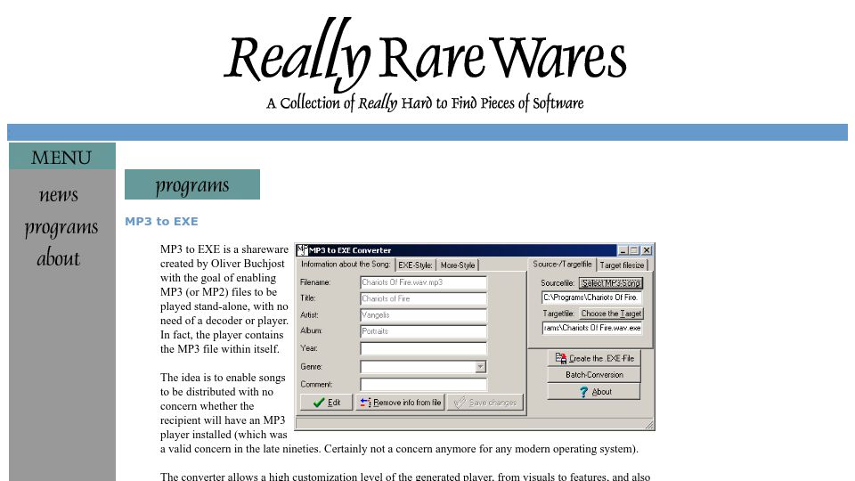 Screenshot of rarewares.org: MP3 to EXE (1999)