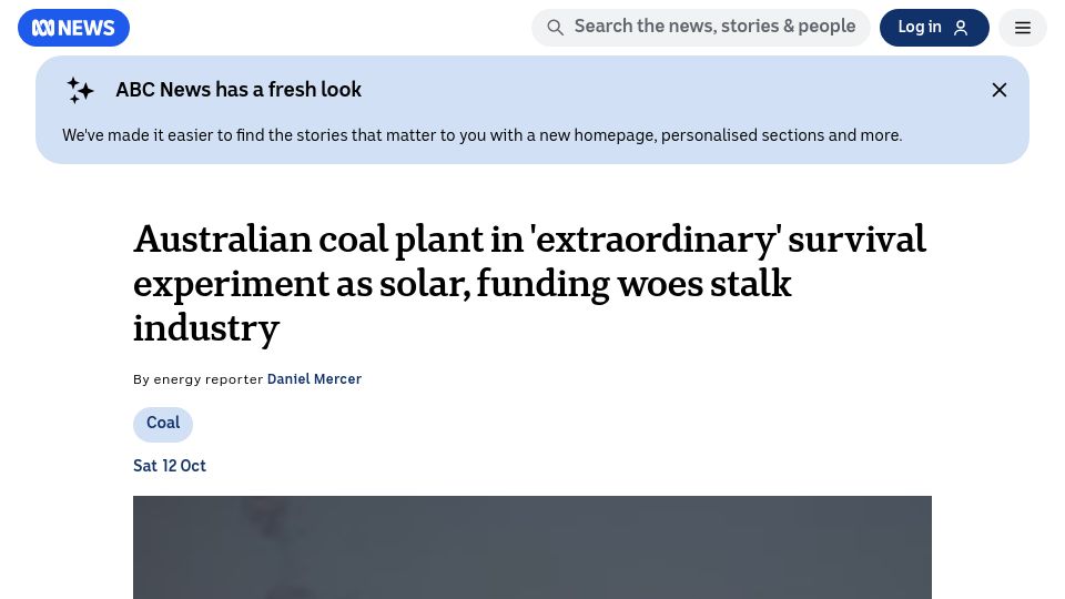 Screenshot of abc.net.au: Australian coal plant in 'extraordinary' survival experiment