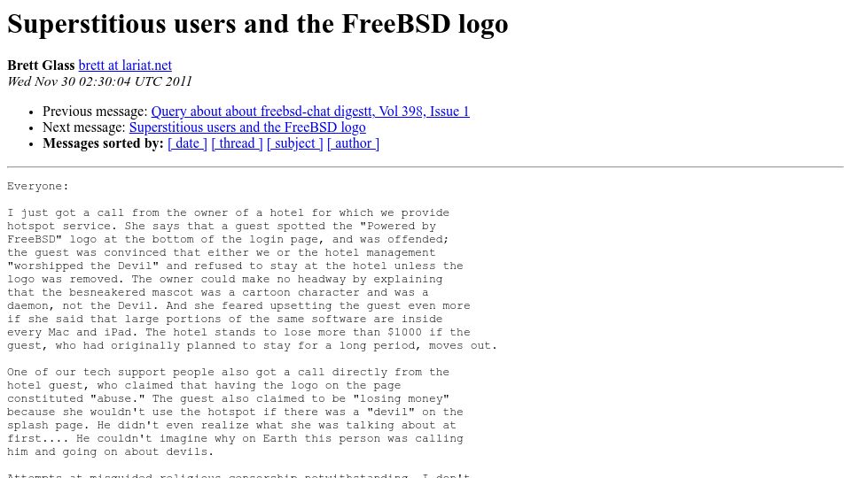 Screenshot of lists.freebsd.org: Superstitious Users and the FreeBSD Logo