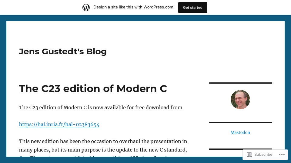Screenshot of gustedt.wordpress.com: The C23 edition of Modern C
