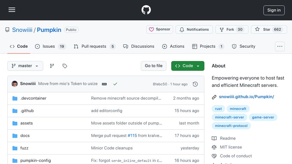 Screenshot of github.com: Show HN: Pumpkin – A Modern Minecraft server written in Rust