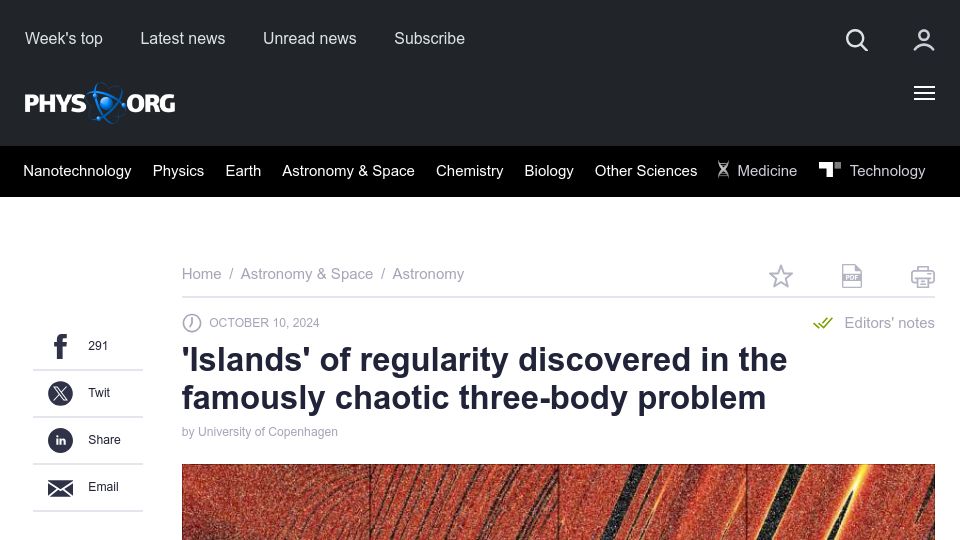 Screenshot of phys.org: 'Islands' of regularity discovered in the famously chaotic three-body problem