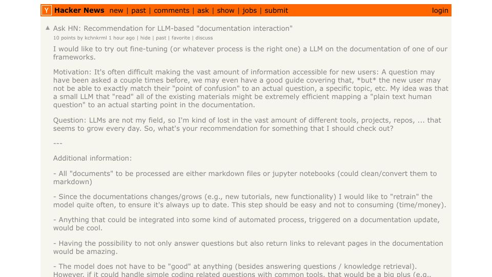 Screenshot of Hacker News post: Ask HN: Recommendation for LLM-based "documentation interaction"