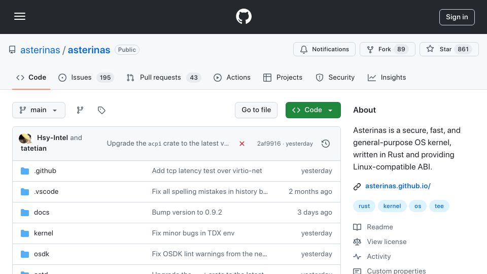 Screenshot of github.com: Asterinas: OS kernel written in Rust and providing Linux-compatible ABI