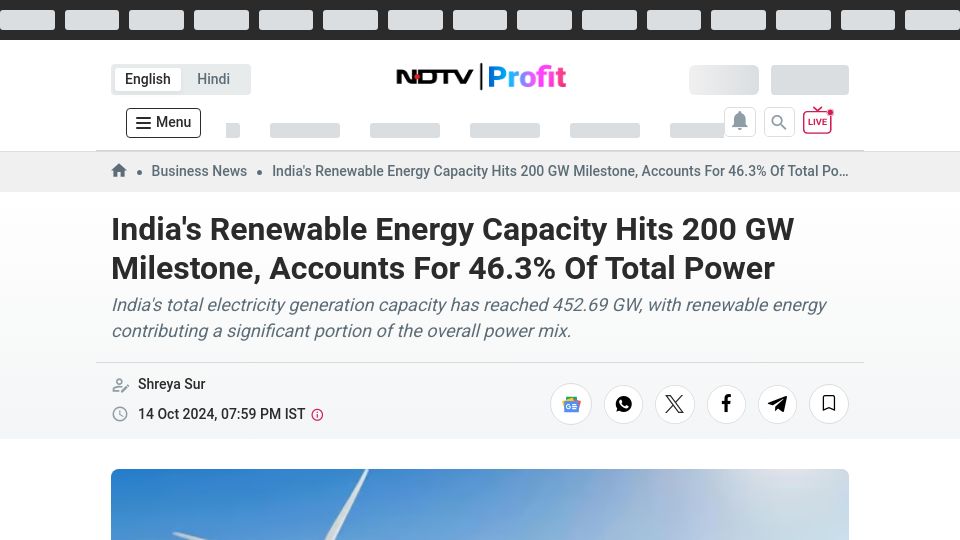 Screenshot of ndtvprofit.com: India's Renewable Energy Capacity Hits 200 GW Milestone, Accounts for 46.3%