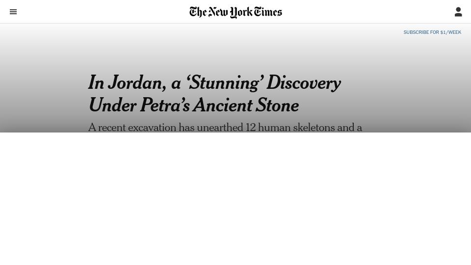 Screenshot of nytimes.com: In Jordan, a ‘stunning’ discovery under Petra’s ancient stone