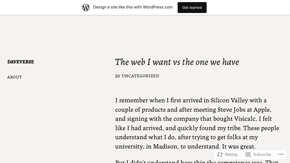 Screenshot of daveverse.wordpress.com: The web I want vs. the one we have