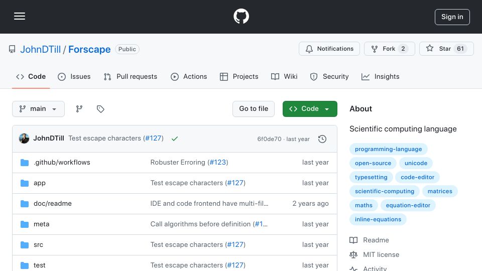 Screenshot of github.com: Forscape – A Language and Editor for Scientific Computation