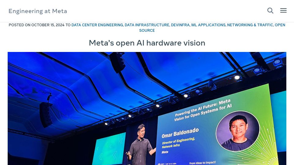 Screenshot of engineering.fb.com: Meta's open AI hardware vision