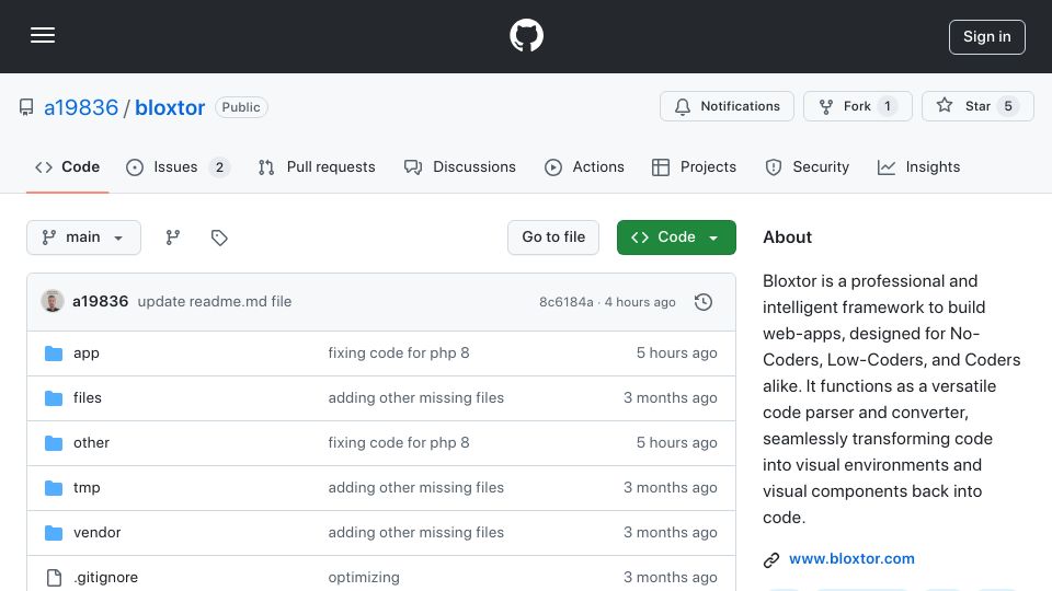 Screenshot of github.com: Looking for help for Bloxtor: A Free Open-Source Web App Framework