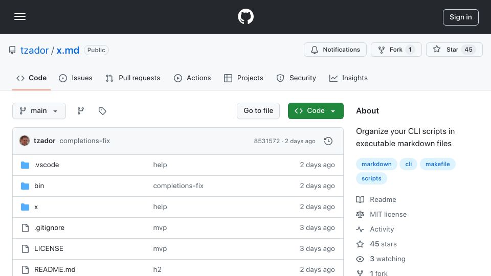 Screenshot of github.com: Show HN: A Markdown-based alternative to package.json scripts and makefiles
