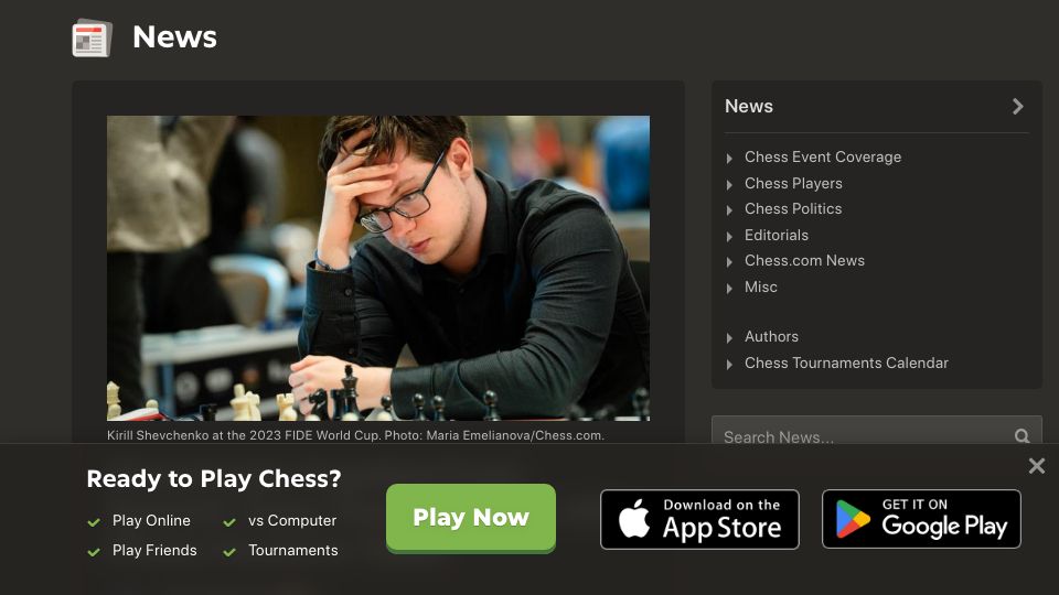 Screenshot of chess.com: Grandmaster Expelled from Team Chess Championship After Phone Found in Toilet