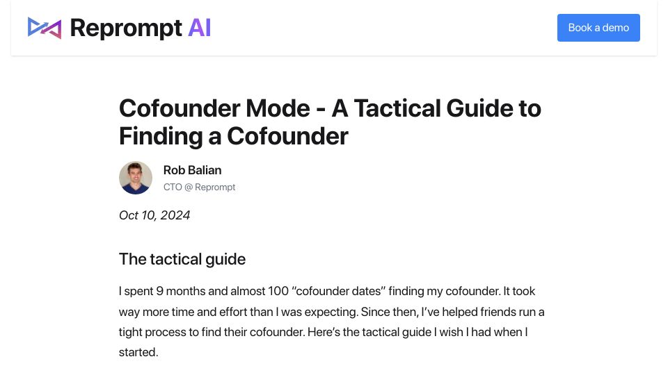Screenshot of repromptai.com: Cofounder Mode: My tactical guide to finding a cofounder