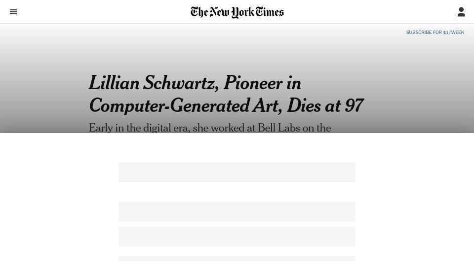 Screenshot of nytimes.com: Lillian Schwartz, Pioneer in Computer-Generated Art, Dies at 97