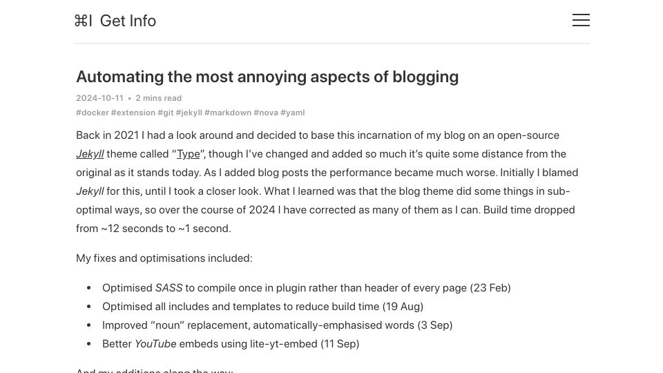 Screenshot of blog.gingerbeardman.com: Automating the most annoying aspects of blogging