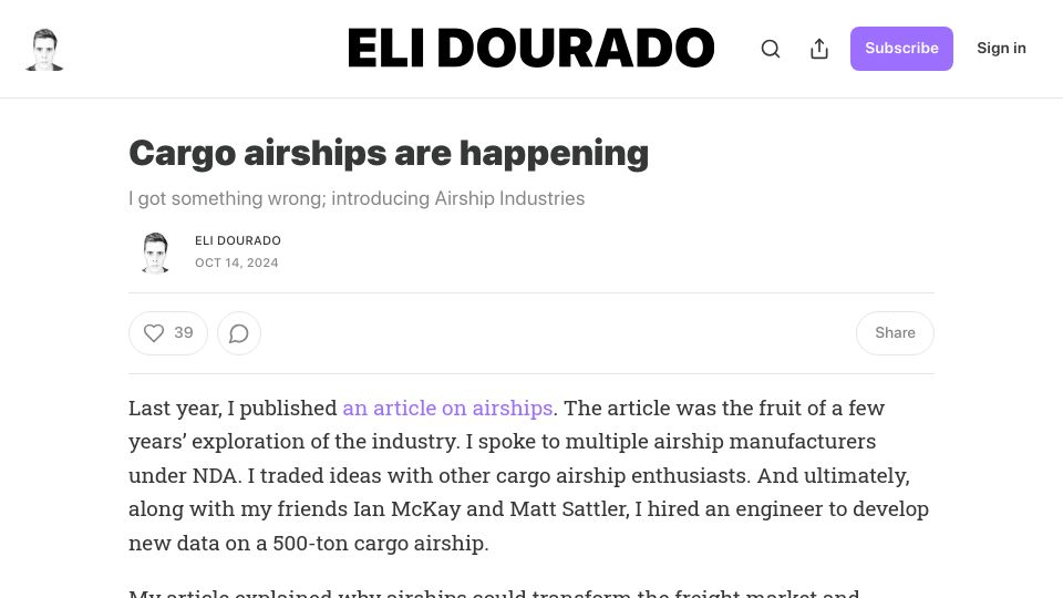 Screenshot of elidourado.com: Cargo Airships Are Happening