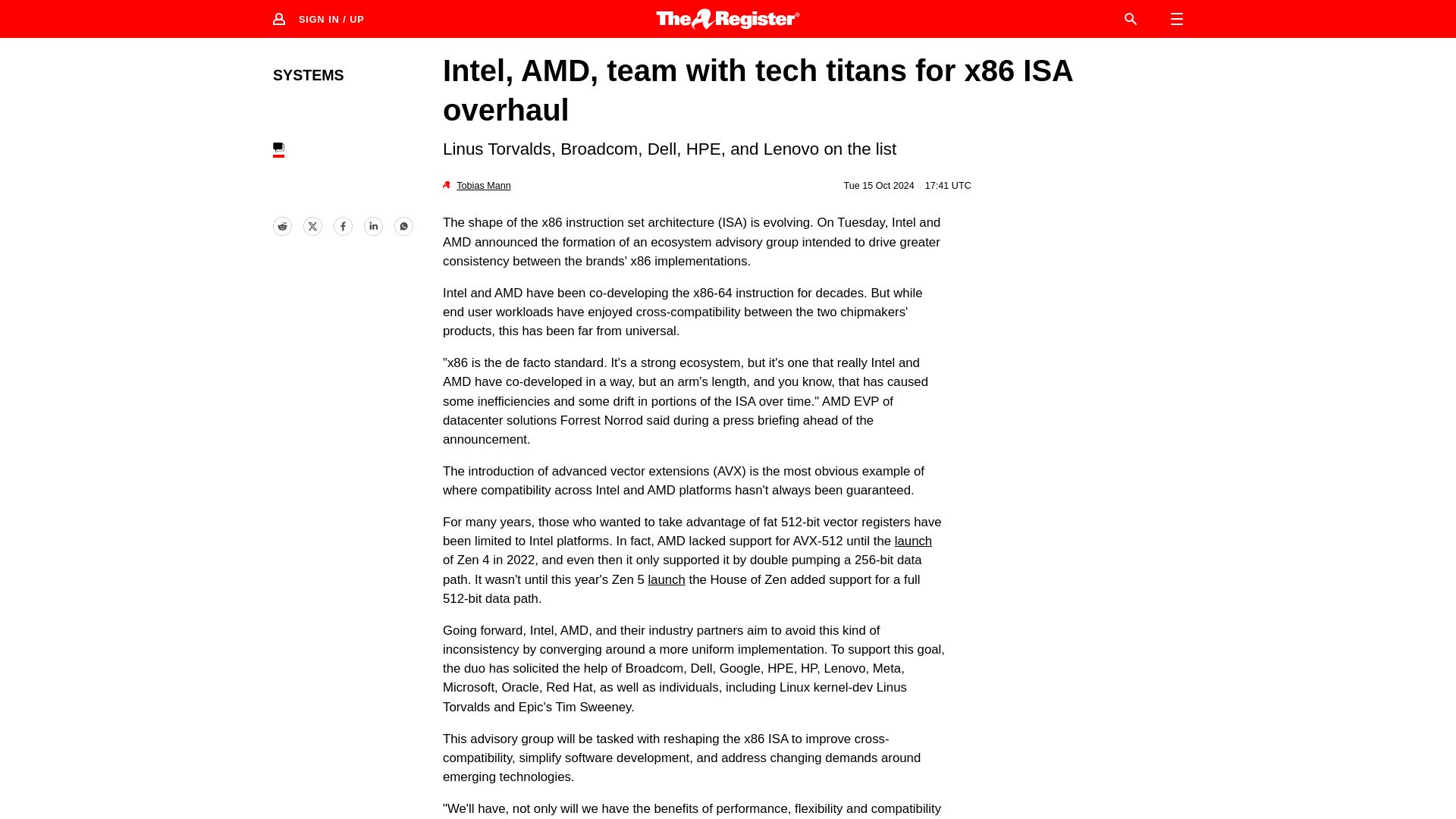 Screenshot of theregister.com: Intel and AMD form advisory group to reshape x86 ISA