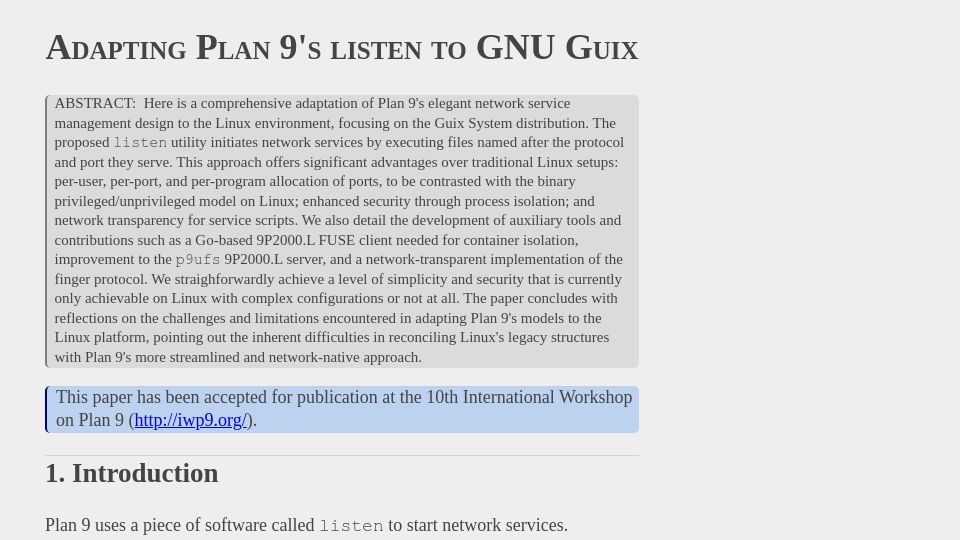 Screenshot of the-dam.org: Adapting Plan 9's listen to GNU Guix