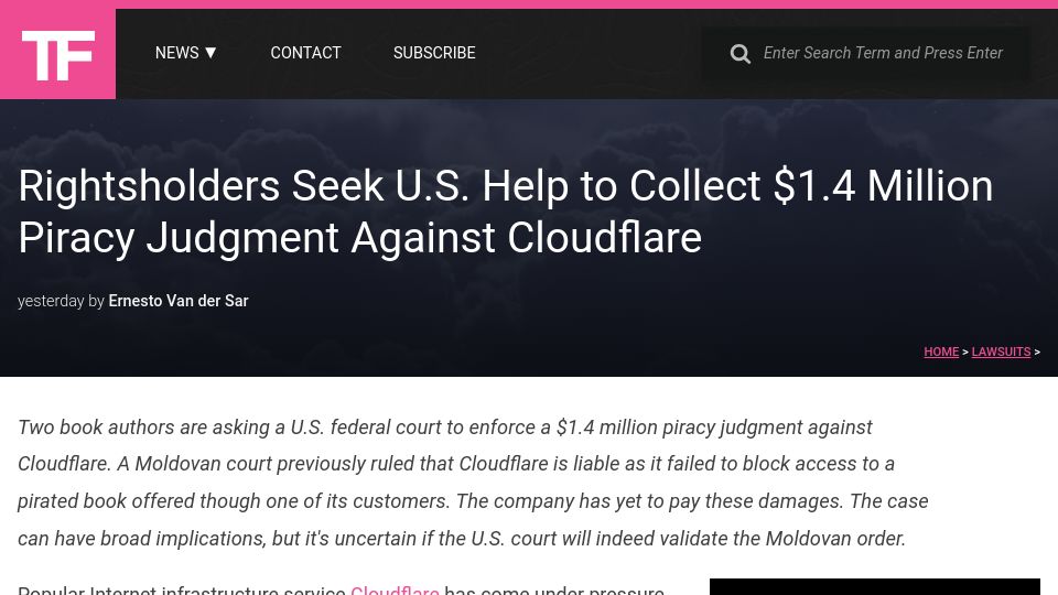 Screenshot of torrentfreak.com: U.S. Judge Asked to Collect $1.4M Moldovan Judgment Against Cloudflare