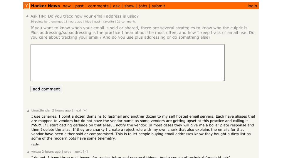 Screenshot of Hacker News post: Ask HN: Do you track how your email address is used?