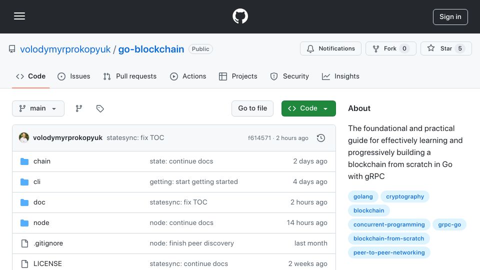Screenshot of github.com: Practical guide for building a blockchain from scratch in Go
