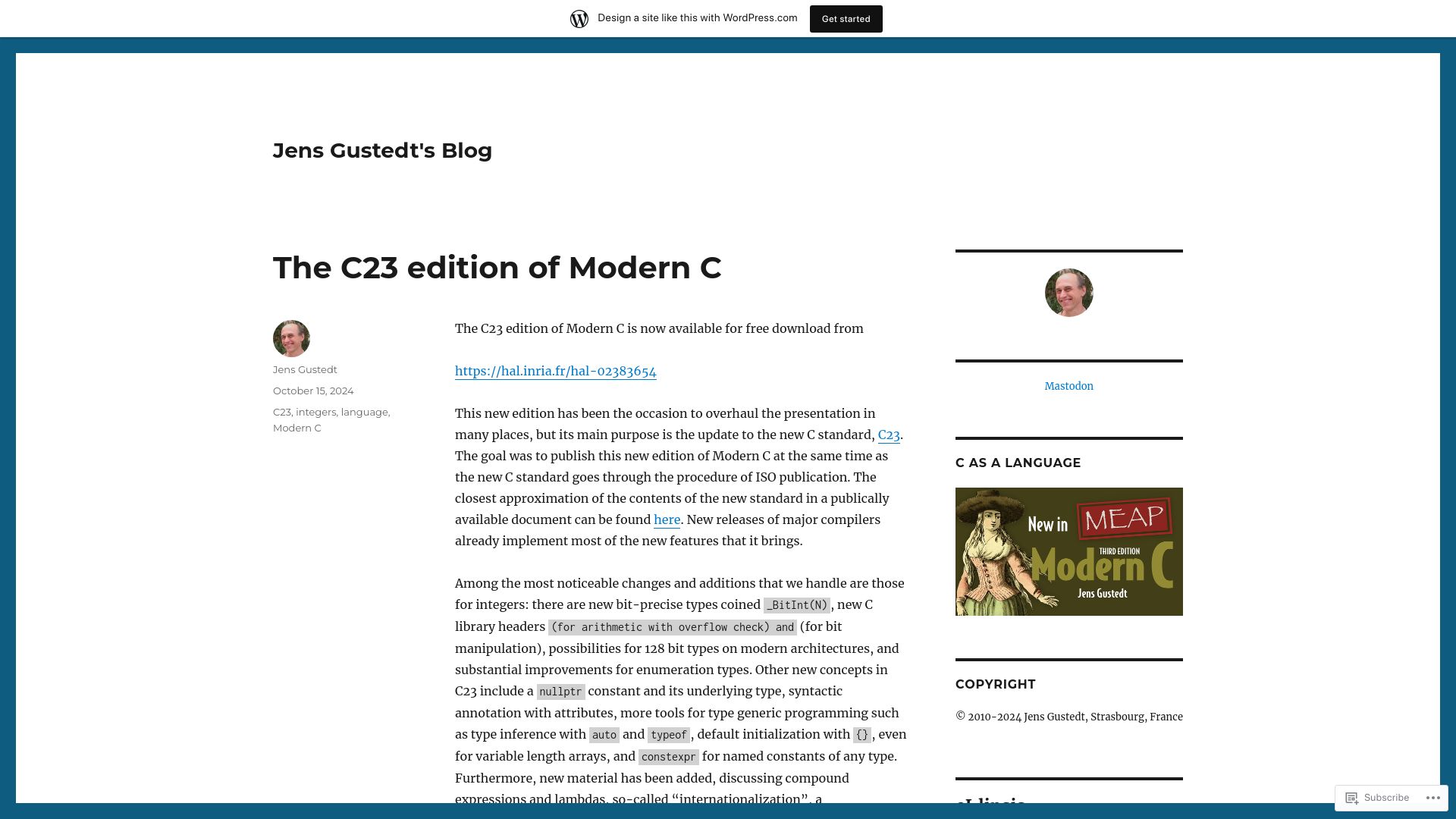 Screenshot of gustedt.wordpress.com: The C23 edition of Modern C