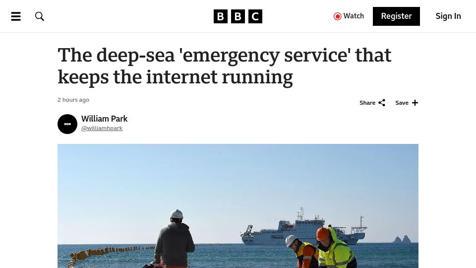 Screenshot of bbc.com: A deep-sea 'emergency service' keeps the internet running