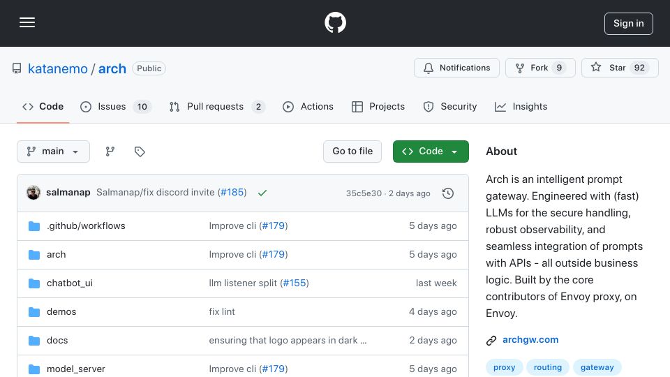Screenshot of github.com: Show HN: Arch – an intelligent prompt gateway built on Envoy