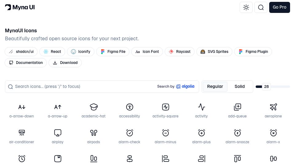Screenshot of mynaui.com: Show HN: MynaUI Icons – 1180 Beautifully Crafted Open Source Icons